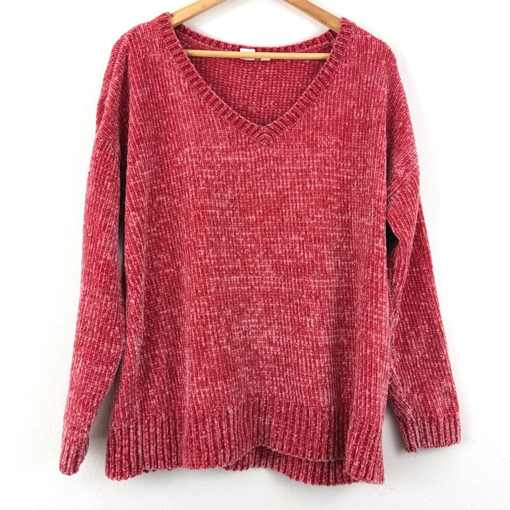 Gap Womens Chenille V-Neck Sweater Coral Pink Plush Knit Pullover Large 0653